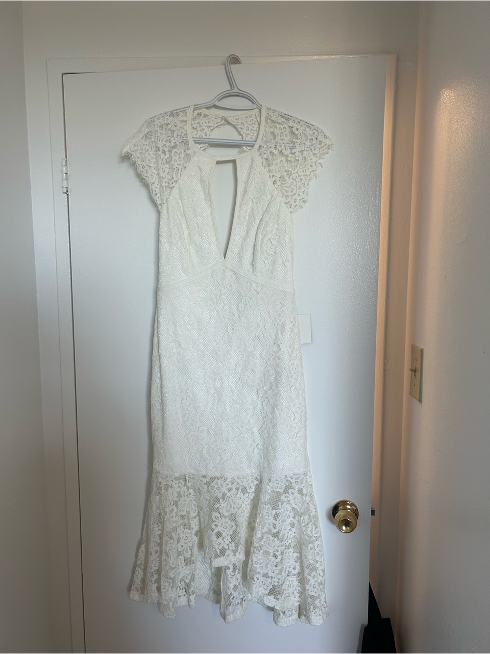 Lulu's Ivory Lace Midi Dress with Cap Sleeves